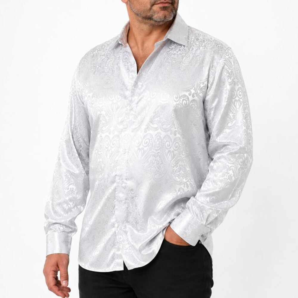 DiBanGu Men's XXXL Silver Silk Blend Paisley Jacquard Dress Shirt Heavyweight